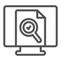 Monitor monoblock with document file and loupe line icon, documents concept, web page vector sign on white background