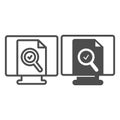 Monitor monoblock with document file and loupe line and solid icon, documents concept, web page vector sign on white