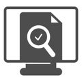 Monitor monoblock with document file and loupe solid icon, documents concept, web page vector sign on white background