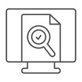 Monitor monoblock with document file and loupe thin line icon, documents concept, web page vector sign on white