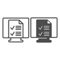 Monitor, monoblock with file document with ticks line and solid icon, documents concept, page vector sign on white