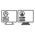 Monitor monoblock with user login page line and solid icon, computer concept, authorization vector sign on white