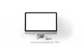 Monitor with keyboard and mouse mockup white background