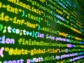 Monitor photo. Blue color. Developer working on program codes in office. Developer occupation work photo. Php code on blue Royalty Free Stock Photo