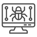 Monitor screen and beetle line icon, hacker attacks concept. Vector graphics. Display with bug, computer virus sign on