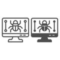 Monitor screen and beetle line and solid icon, hacker attacks concept. Vector graphics. Display with bug, computer virus