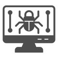 Monitor screen and beetle solid icon, hacker attacks concept. Vector graphics. Display with bug, computer virus sign on