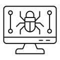 Monitor screen and beetle thin line icon, hacker attacks concept. Vector graphics. Display with bug, computer virus sign