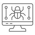 Monitor screen and beetle thin line icon, hacker attacks concept. Vector graphics. Display with bug, computer virus sign