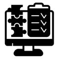Monitor screen with checklist of puzzle pieces solid icon, data hoarding concept. Vector graphics. Content creation list Royalty Free Stock Photo