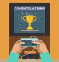 Monitor screen with congratulations retro video game