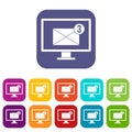 Monitor screen with email sign icons set flat Royalty Free Stock Photo