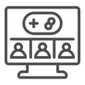 Monitor screen with users and joystick line icon, neural dataset concept. Vector graphics. Display and multiplayer game Royalty Free Stock Photo