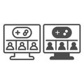 Monitor screen with users and joystick line and solid icon, neural dataset concept. Vector graphics. Display and