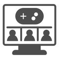 Monitor screen with users and joystick solid icon, neural dataset concept. Vector graphics. Display and multiplayer game Royalty Free Stock Photo