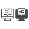 Monitor screen with wrench popup window line and solid icon, repair service concept. Vector graphics. Computer repair