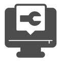Monitor screen with wrench popup window solid icon, repair service concept. Vector graphics. Computer repair message