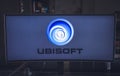 monitor logo Ubisoft software house producer of video games, famous for Assassin's Creed and Far Cry series