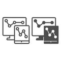 Monitor and tablet screen with chart line and solid icon, neural dataset concept. Vector graphics. Displays with data