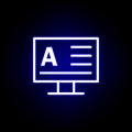 Monitor, word A icon in neon style. Can be used for web, logo, mobile app, UI, UX