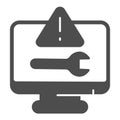 Monitor wrench and warning triangle solid icon, pcrepair concept, monitor vector sign on white background, warning