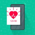 Monitoring or check heart beat rate test and blood pressure app via mobile cell phone vector flat cartoon, tracking