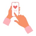 Monitoring heart rate on phone tracker app. Female finger pushing on screen for checking heartbeat pulse