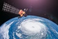 Monitoring hurricane. Satellite above the Earth makes measurements of the weather parameters and movement trajectory forecast.