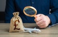 Monitoring the payment of taxes in the aviation industry and british pound sterling money bag.