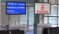 Flight from Amsterdam to Frankfurt am Main, airport terminal gate. Editorial 3d rendering