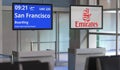 Flight from Dubai to San francisco, airport terminal gate. Editorial 3d rendering