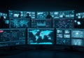 Monitors displaying global maps, charts, and data analysis interfaces in Royalty Free Stock Photo
