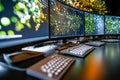 Monitors displaying vibrant data visualizations in contemporary office with dark desk and tech-focused ambiance. Concept