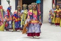 Monk with colored clothes and mask performs Cham dances, ritual dancing at Takthok festival, Ladakh, Lamayuru Gompa, India