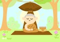 Monk doing vipassana meditation, digital illustration, cartoon style