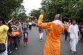 A monk of ISCON is dancing in the eve of Ratha Yatra