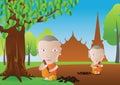 Monk keep cleaning leaves in temple area a routine of Buddhism m