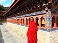 Monk at Lhakhang Karpo White temple in Haa valley located in Paro, Bhutan Royalty Free Stock Photo