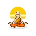 Monk logo icon, Buddhist monk cartoon character yoga meditating in orange and yellow robe with sun background vector illustration Royalty Free Stock Photo
