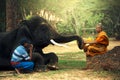 The Monk and man with young elephant