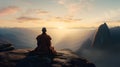 Monk meditating calmly in the mountains during sunrise