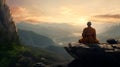 Monk meditating calmly in the mountains during sunrise
