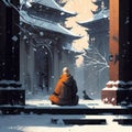 A monk meditating in a lotus position in orange clothes against the backdrop of a Buddhist temple in winter. AI generated