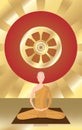 Monk meditation in front of the wheel of the law