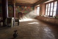 The monk in the monastery prepare to clean it before the evening prayer in Korzok Monastery