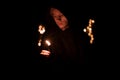 Monk only one person hold candle with fire in warm darkness environment space faith concept soft focus photography Royalty Free Stock Photo