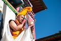 The monk perform religious buddhistic dance during the Mani Rimdu festival in Tengboche Monastery