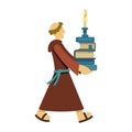 Monk with pile of books semi flat color vector character