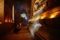 Monk pray with candle in Bagan, Myanmar Royalty Free Stock Photo