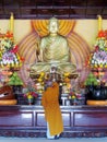 A monk praying Buddha statue among flowers